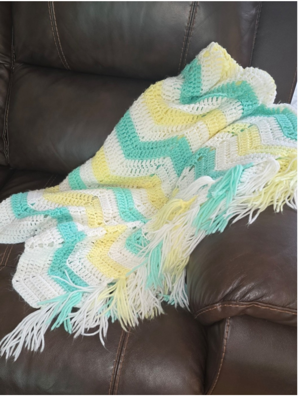 Handmade Crochet Afghan Throw Baby Blanket Mint Green Yellow White Chevron